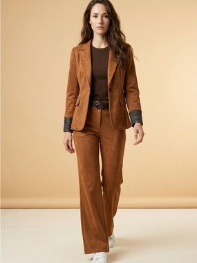 Women’s Outfit Set Tailored Suede Look Wide-Leg Pants & Blazer Size L